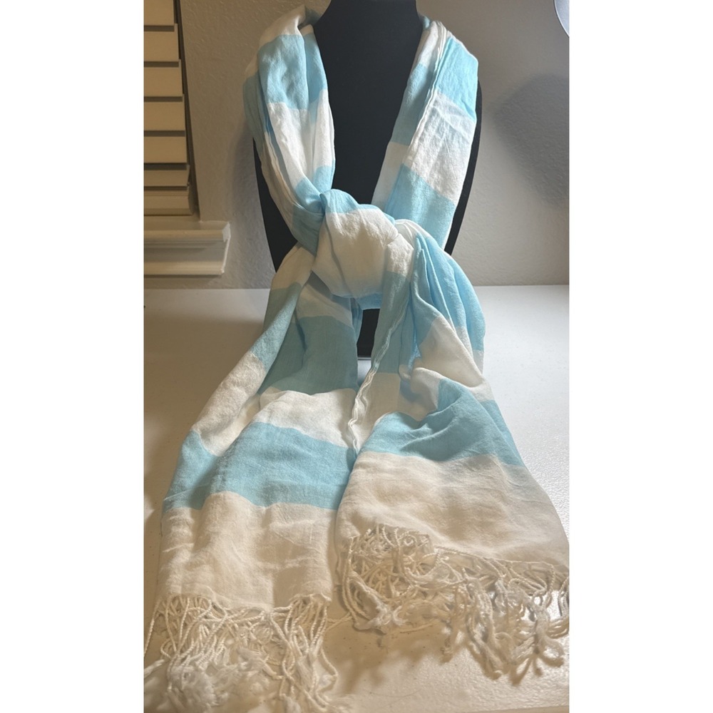 HOLLISTER Light Blue & White STRIPE WOMEN'S Cotton WRAP SCARF BEAUTIFUL 88"X 68"